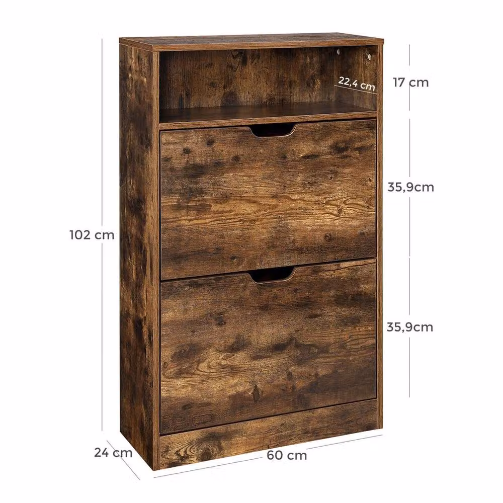 KORVIXA Rustic Brown Wood Shoe Cabinet with Tilting Compartments and Internal Shelves W/D/H: 100 x 100 x 100 cm – 2