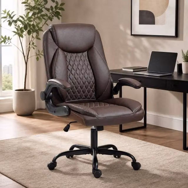 STILVORA Brown Faux Leather Office Chair with Flip-Up Armrests, W/D/H: 65 x 47 x 120 cm