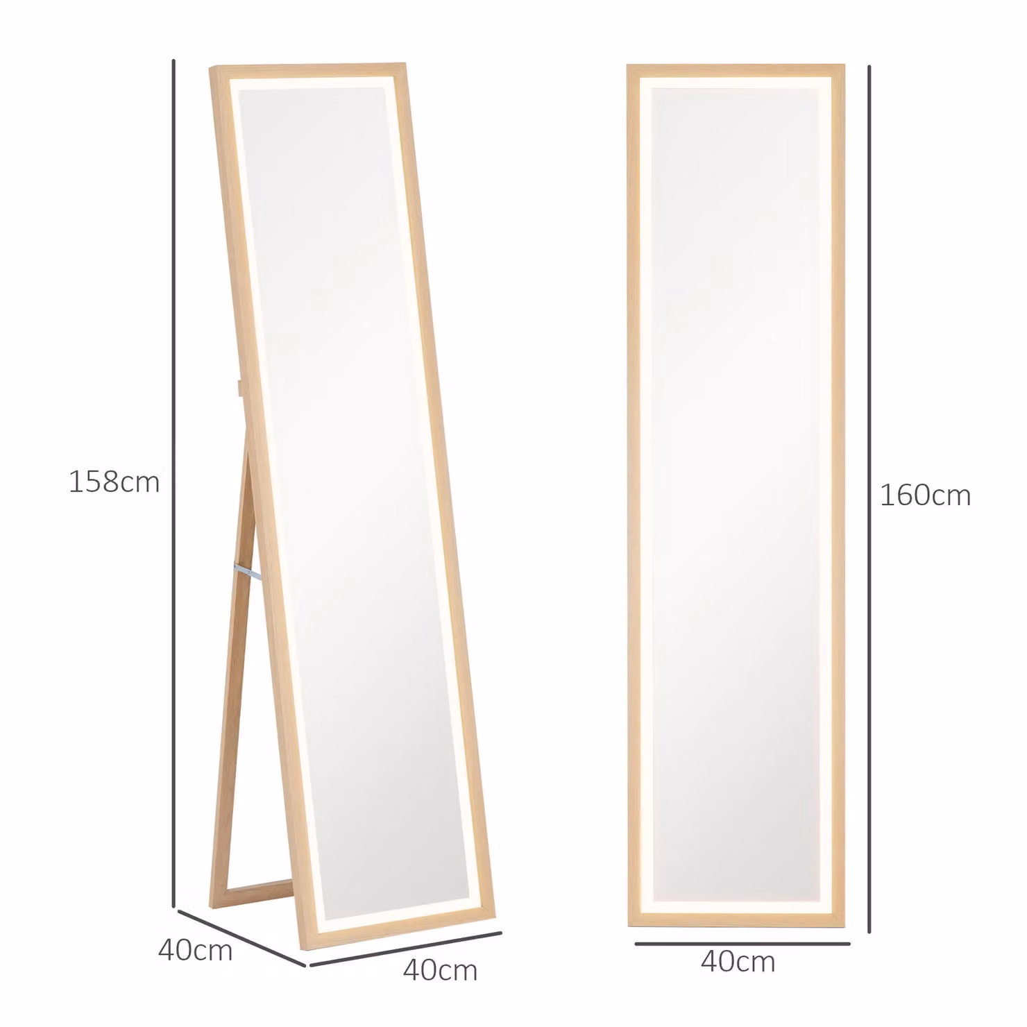 HOMCOM Dimmable Full Length Mirror with LED Lights, Light Oak, H 160 x W 40 cm – 3