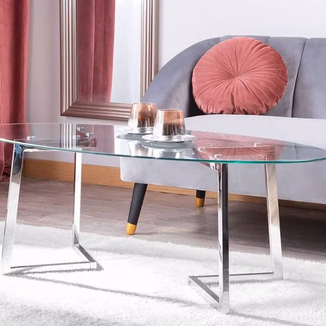 Wyld and Coco Silver Glass Coffee Table with Oval Tempered Top and Polished Steel Legs, W/D/H: 120 x 60 x 45 cm – 1