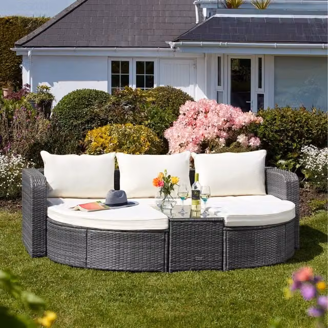 Garden Gear Firenze Five-Section Rattan Daybed in Dark Grey with Cream Cushions and Cover