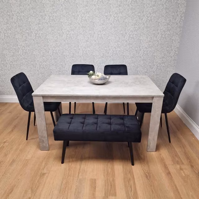 Kosy Koala Modern Dining Set with Rectangular Table, 4 Black Velvet Chairs and Black Velvet Bench