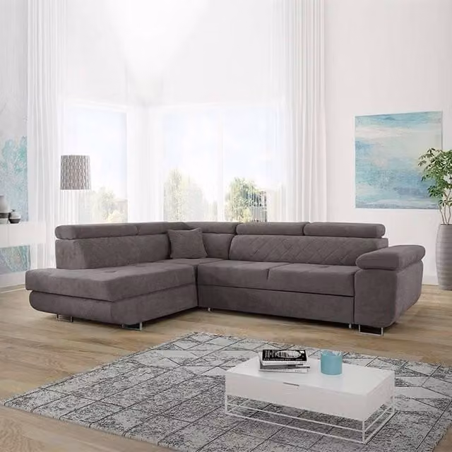 Sliding Wardrobes 4U Modern Plush Velvet Left Corner Sofa Bed in Grey with Matching Ottoman and Adjustable Headrests – 1