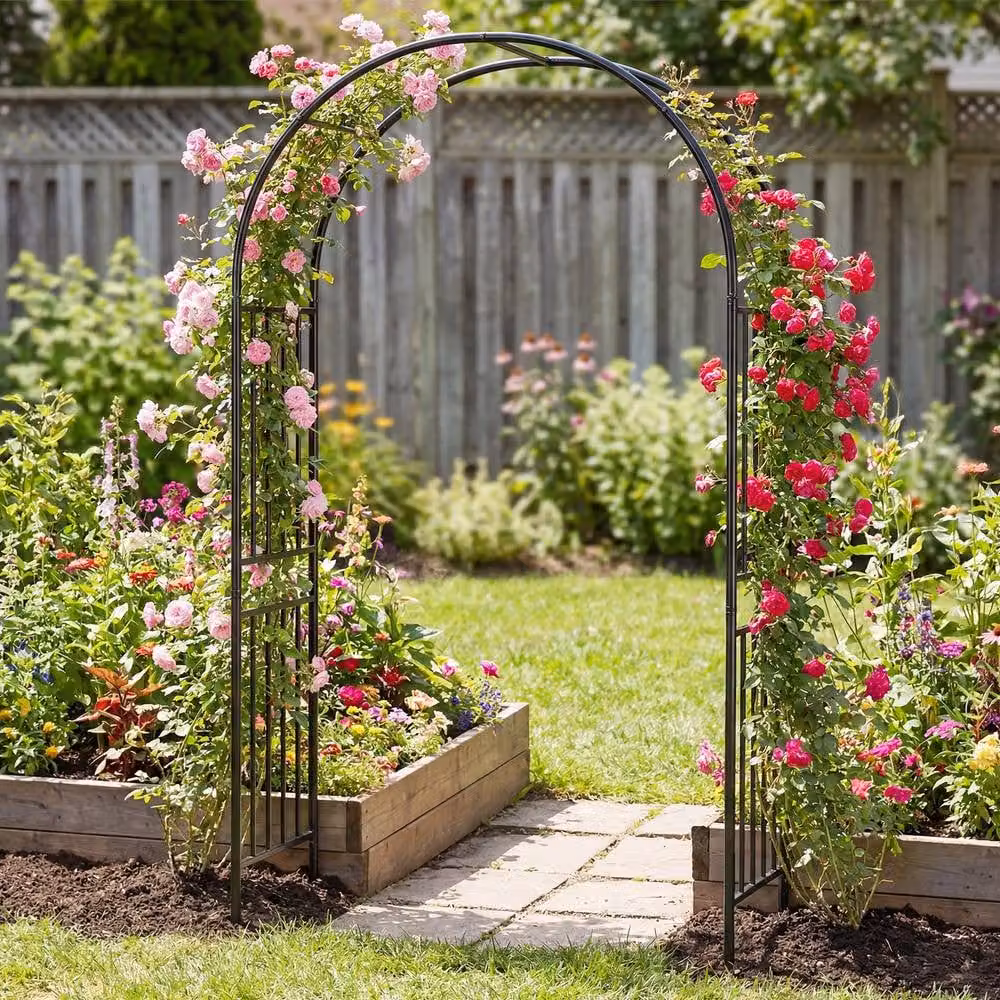 Costway Metal Garden Arbor and Wedding Arch in Black with 8 Ground Stakes – 3