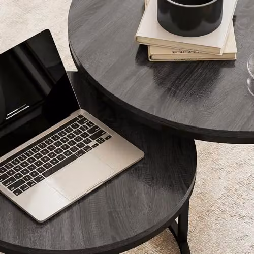 HOMCOM Set of 2 Round Nesting Coffee Tables in Black Wood Grain, W/D/H: 78.5 x 78.5 x 46.5 cm – 7