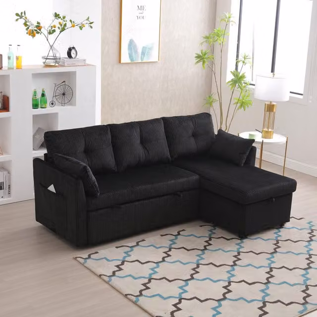 GOMYWAY Black Corduroy L-Shaped Sectional Sleeper Sofa with Reversible Storage Chaise, W/D/H: 206 x 130 x 88 cm