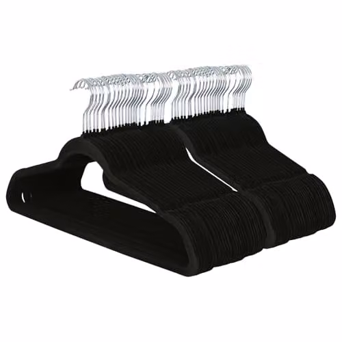 Harbour Housewares Non-Slip Velvet Clothes Hangers with Trouser Bar, Black, Pack of 50 – 1