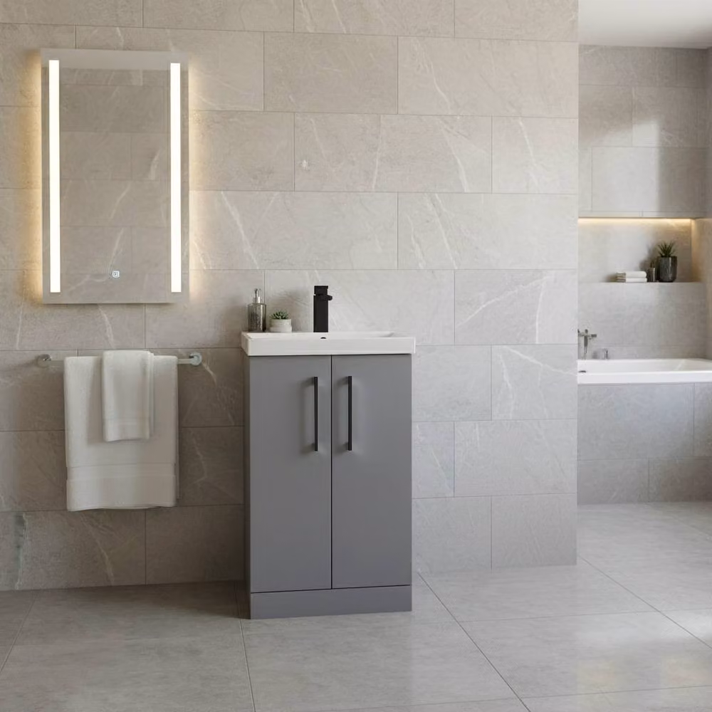 Balterley Modern Bathroom Vanity Unit with Basin and 2 Soft Close Doors, Satin Grey, W: 50 cm, D: 40 cm, H: 84 cm – 2