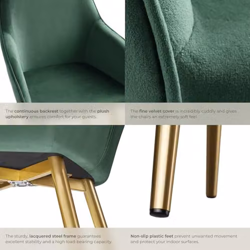 tectake Set of 8 Velvet Look Dining Chairs with Armrests and Gold Steel Legs, Dark Green/Gold – 6