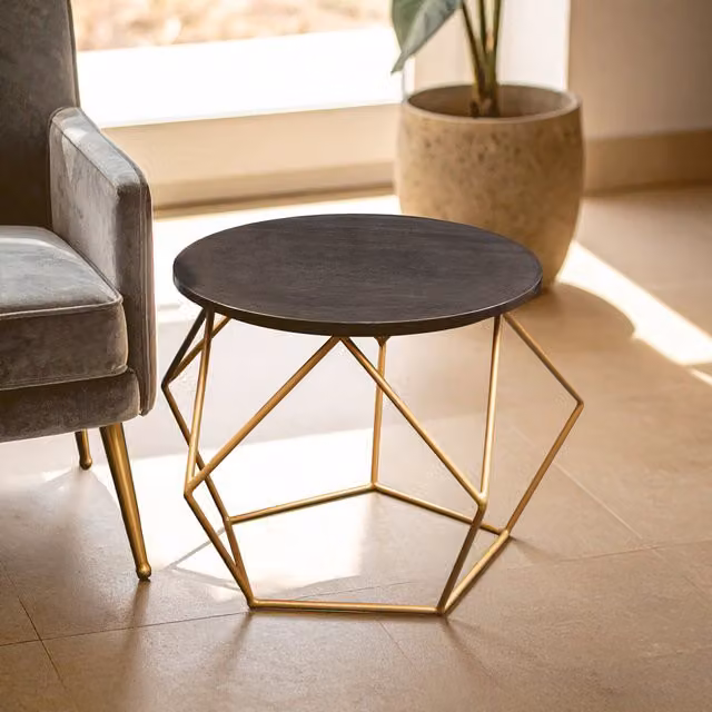 Fifty Five South Orsina Round Black Matt Marble Coffee Table with Geometric Gold Metal Base, W/D/H: 60 x 60 x 48 cm – 1