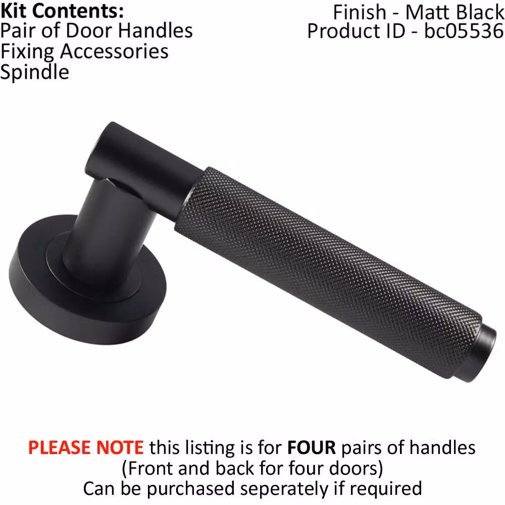 Loops 4 Pair Knurled Grip Round Bar Handles with Round Rose in Matt Black with Concealed Fixings – 2