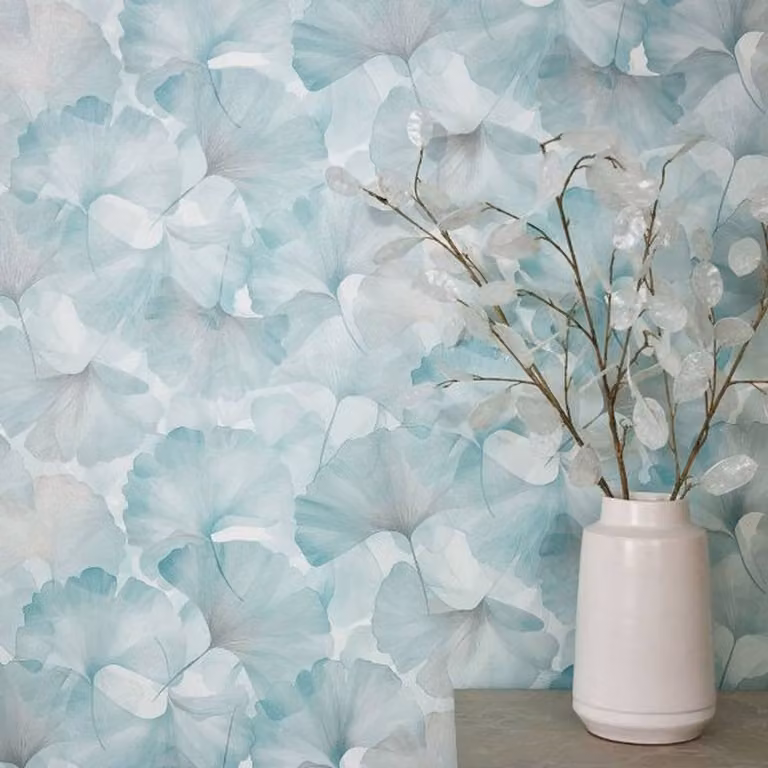 Erismann Ginko Dream Botanical Floral Vinyl Wallpaper in Teal and Blue