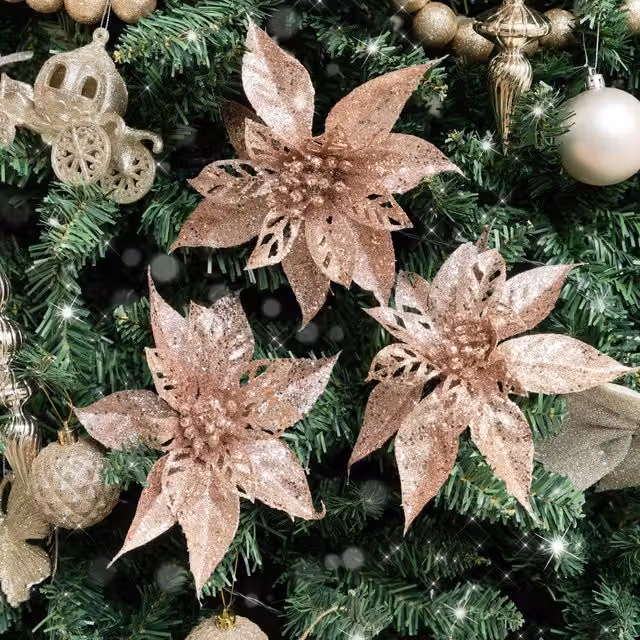 Melody Maison Set of 3 Pink Glitter Poinsettia Floral Picks, Height: 24 cm