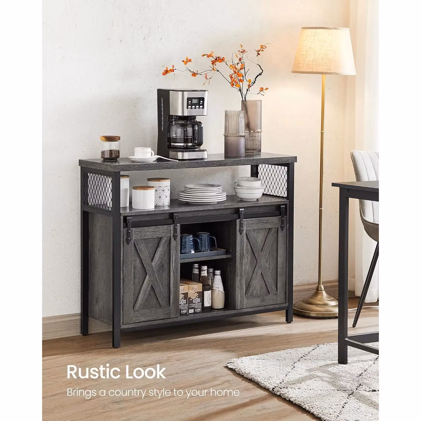VASAGLE Industrial Sideboard Kitchen Cabinet with 2 Sliding Barn Doors and Adjustable Shelves in Grey – 2