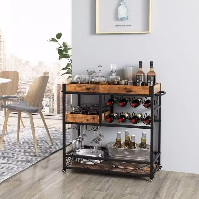 KORVIXA 3-Tier Vintage Kitchen Serving Cart, Brown, W/D/H: 100 x 100 x 100 cm