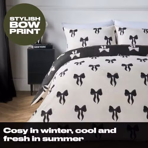 OHS Reversible Bow Printed Microfibre Bedding Set with Duvet Cover and Pillowcases, White and Black, 200 x 200 cm – 3
