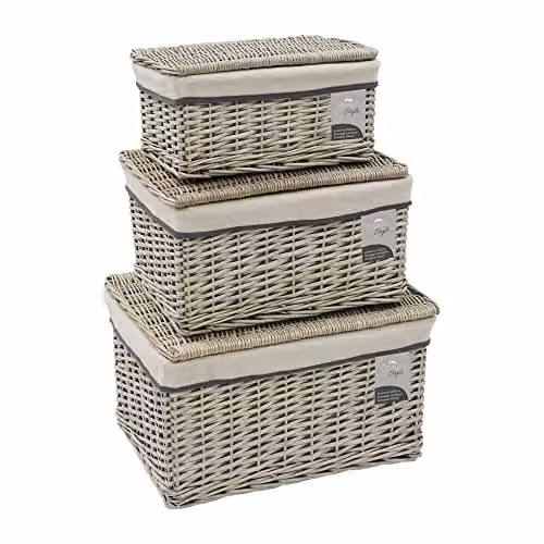 JVL Arianna Set of 3 Rectangular Willow Hamper Baskets with Removable Bags, Grey – 1