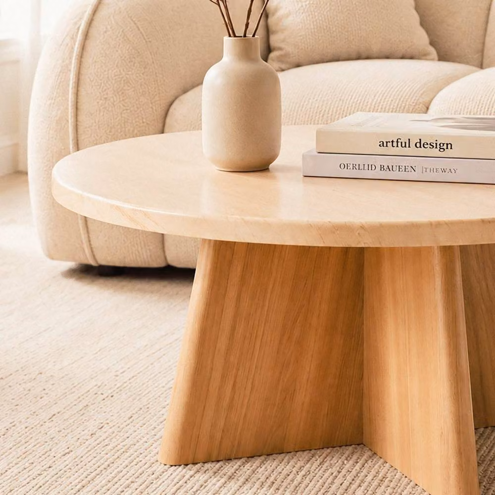 CALICOSY AGATE Round Coffee Table with Travertine-Effect Top in Beige, Diameter: 80 cm, Height: 40 cm – 2