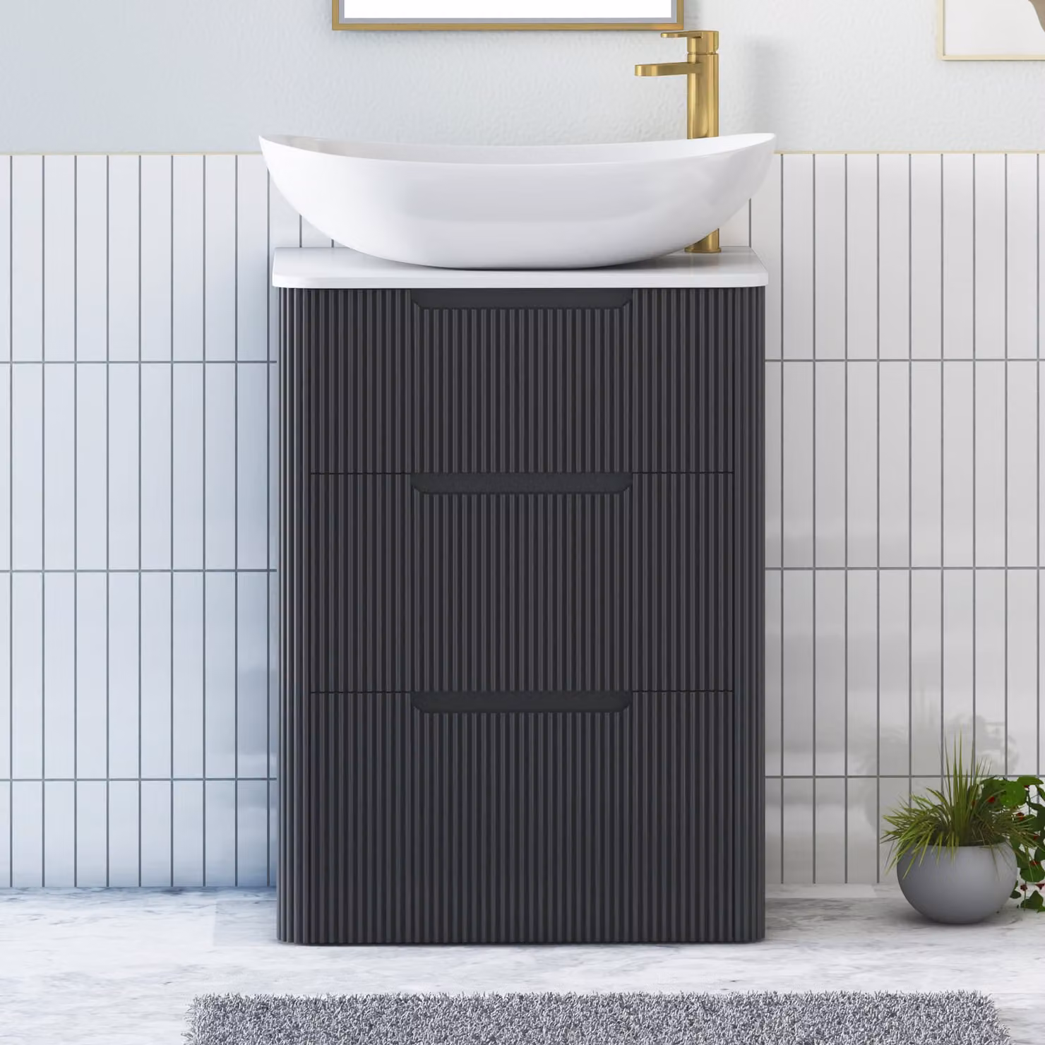 Royal Bathrooms Avenza 600mm Floor Standing Vanity Unit in Matt Obsidian Black with 3 Drawers, Plain White Worktop and Cesar Basin