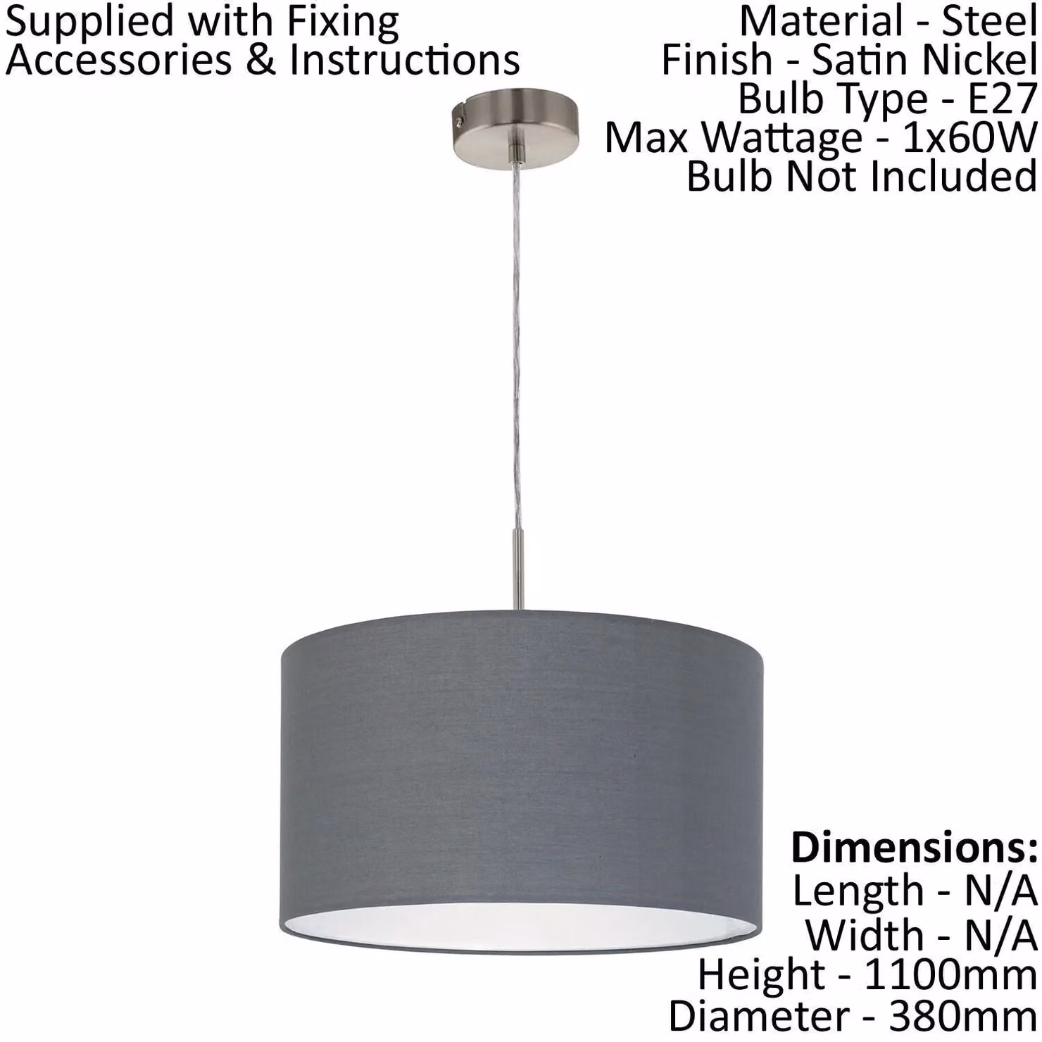 Loops Ceiling Pendant Light and 2x Matching Wall Lights with Grey Fabric Shades and Satin Nickel Metal Finish – 2