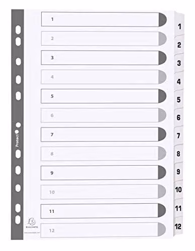 Exacompta Mylar Printed Indices for A4 Documents, 12-Part Dividers (1-12), White 160gsm FSC-Certified Card with Reinforced Plastic Tabs