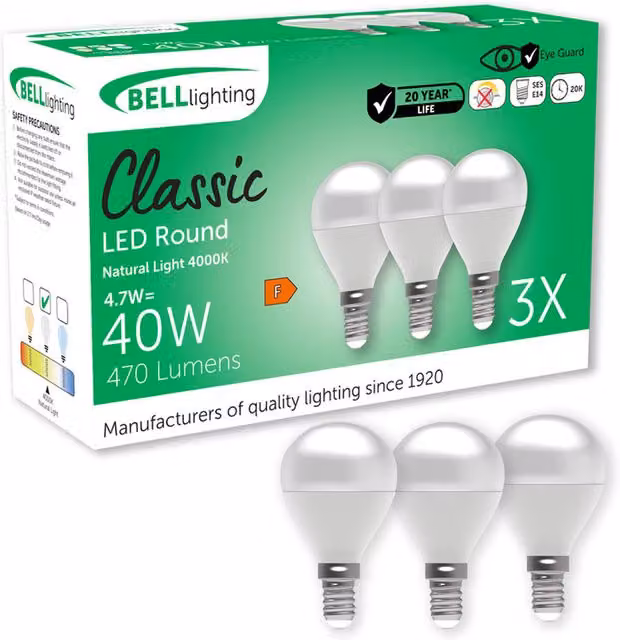 BELL Lighting E14 Edison Screw LED Golf Ball Light Bulbs, 4.7 W, Cool White 4000K, Pack of 3
