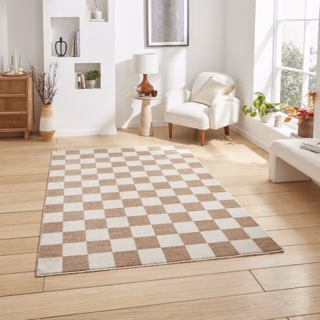 Terrys Modern Checkerboard Rectangular Rug in Beige Polyester
