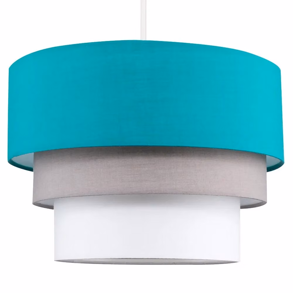 ValueLights Aztec Set of 2 Modern Round Three Tier Fabric Ceiling Pendant Lamp Shades in Turquoise, Grey and White, Width: 30 cm – 2