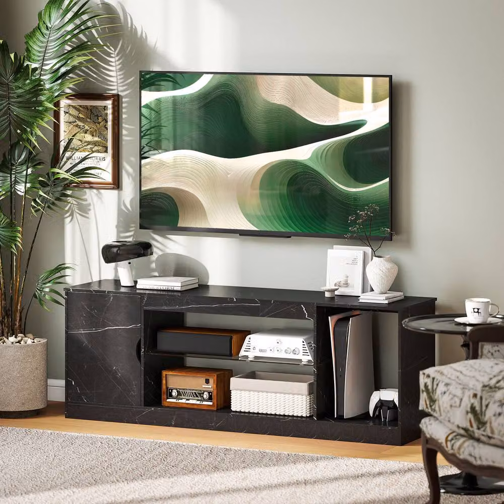 STILVORA Modern TV Stand with Cabinet and Glass Shelf in Black – 2