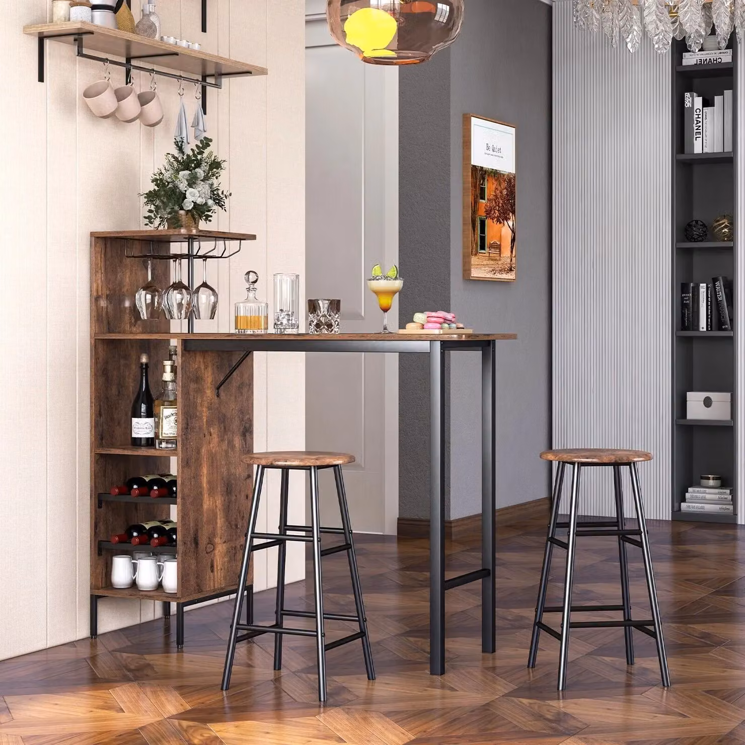 Costway 3-Piece Industrial Bar Table and Chair Set with Glass Holders and Wine Racks in Brown – 4