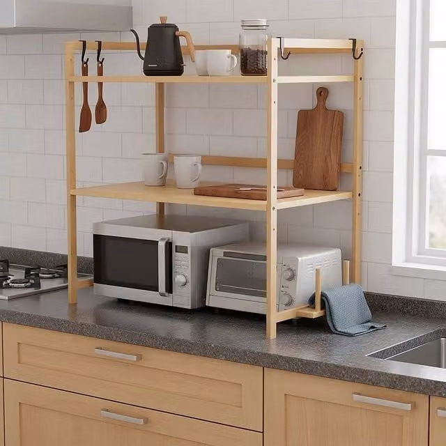 EONLION 2 Tier Bamboo Microwave Oven Rack in Natural Wood Colour, Width: 100 cm – 1