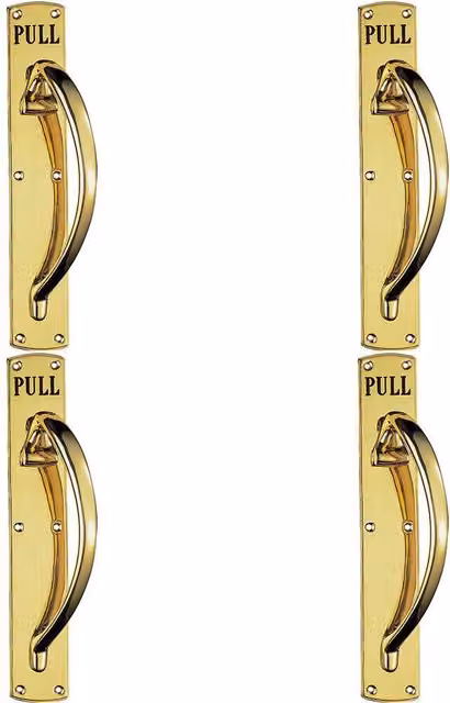 Loops Set of 4 Curved Right Handed Door Pull Handles Engraved with Pull in Polished Brass
