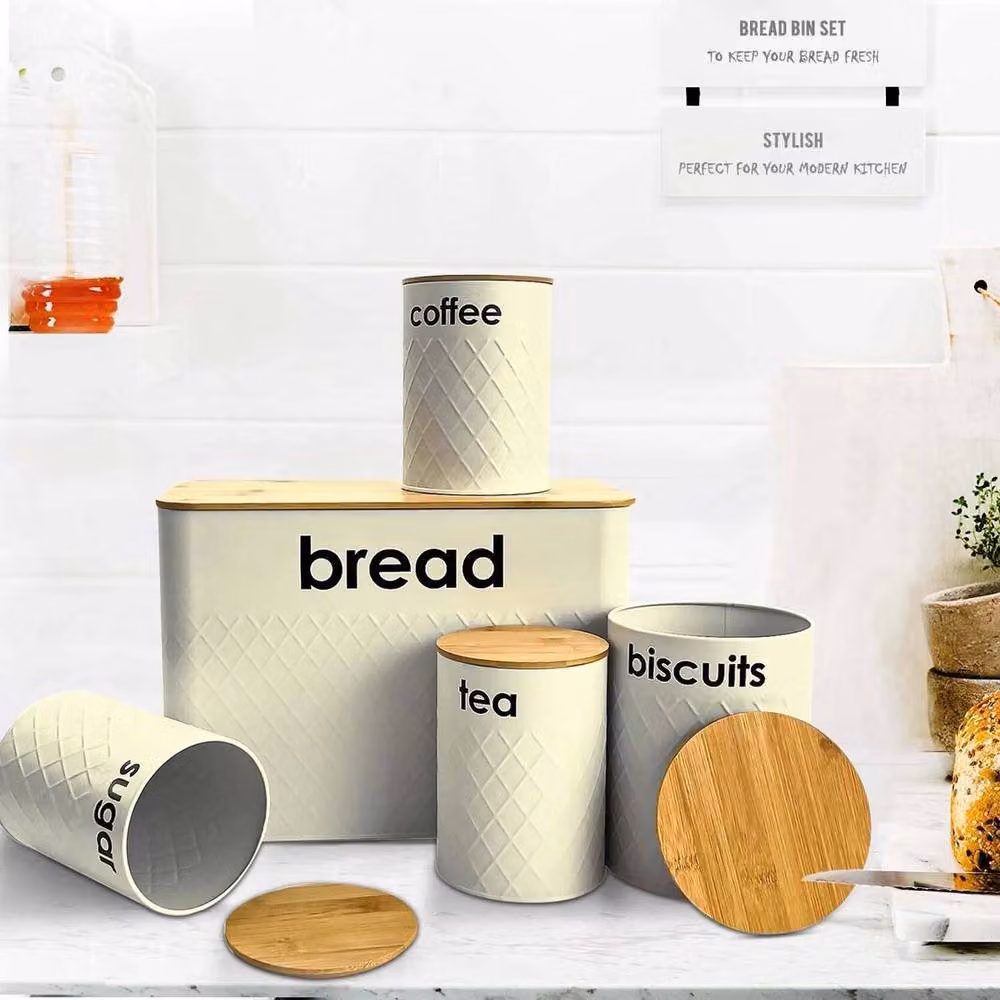 Kelvenix 5 Piece Airtight Beige Bread Bin and Canister Set for Kitchen Loaf Storage – 3