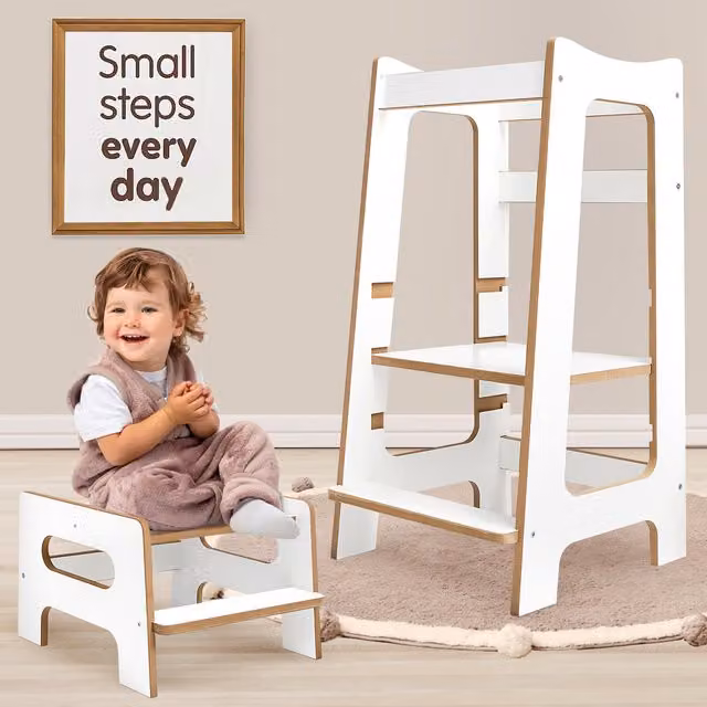 Love For Sleep 2 in 1 Montessori Learning Tower and Step Stool in White and Pine