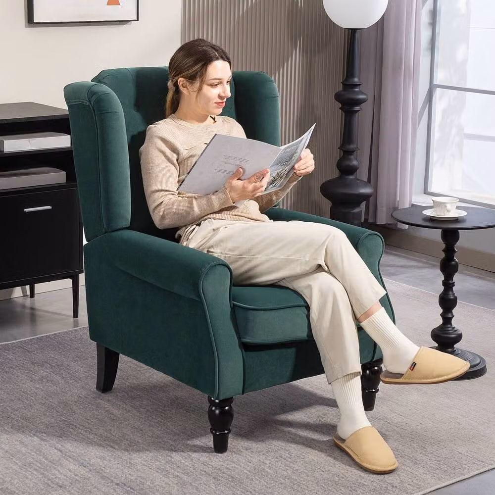 ERGOVEXA Retro Green Velvet Wingback Accent Chair with Solid Wood Frame, W/D/H: 74.0 x 102.0 x 86.0 cm – 3