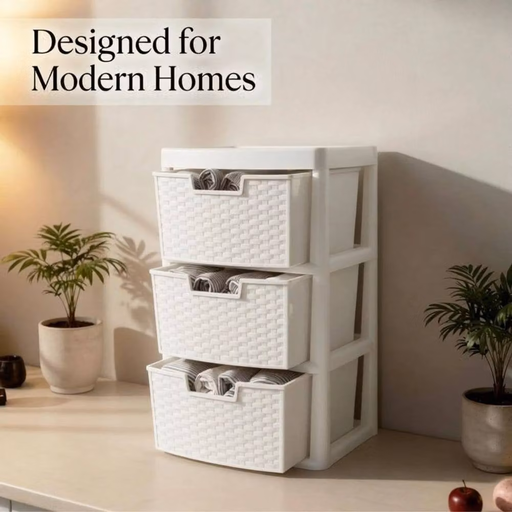 FORGEVIO 3 Tier Large Plastic Rattan Storage Drawer in White – 3