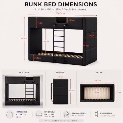 Harmin Black Faux Leather Single Bunk Bed with Modern Upholstered Design, W/D/H: 90 x 200 x 152.5 cm – 3