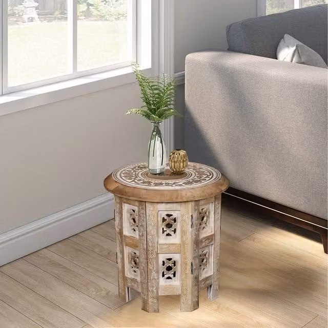 Topfurnishing Round Floral Carved Wooden Coffee Bedside End Table in Brown and Yellow, W/D/H: 30 x 30 x 30 cm