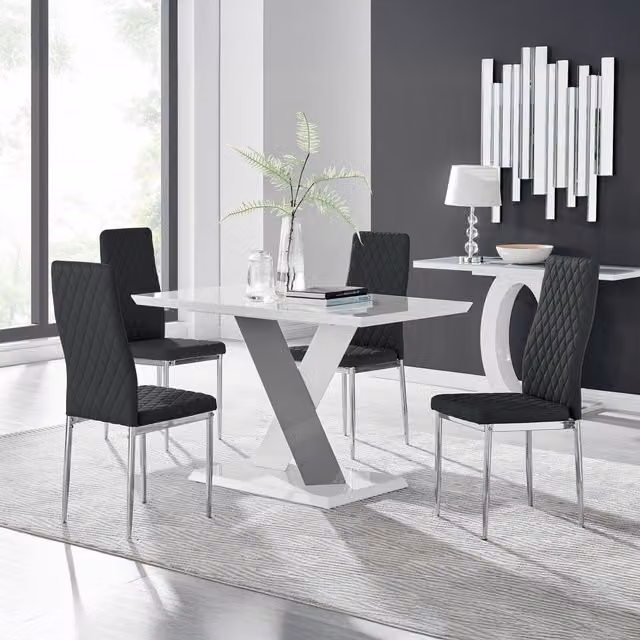 Furniturebox Monza White High Gloss Rectangular Dining Table with 4 Black Milan Chrome Leg Chairs