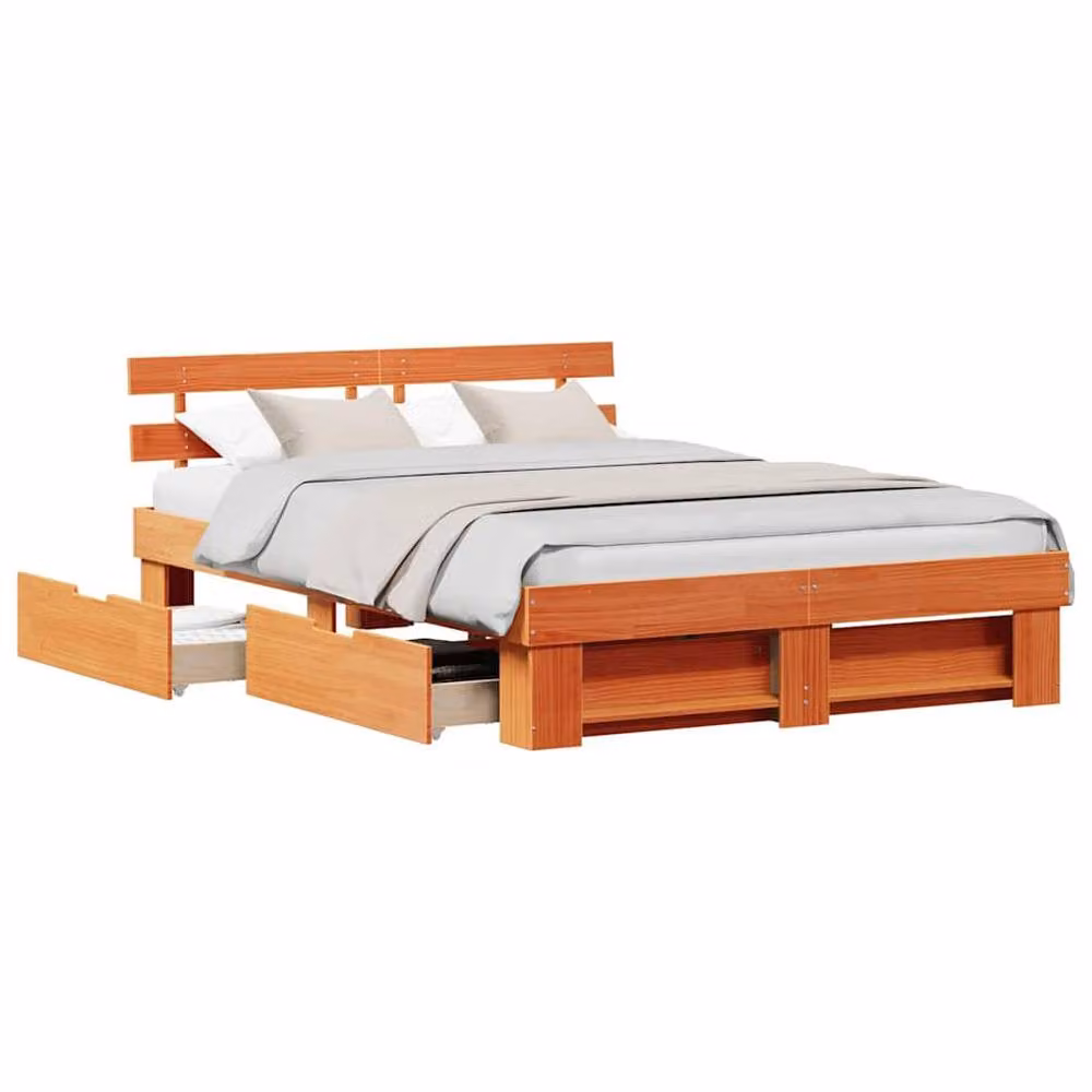 Berkfield Home Solid Wood Bed with Storage Headboard and Drawers, Wax Brown, W/D/H: 150 x 200 cm – 3