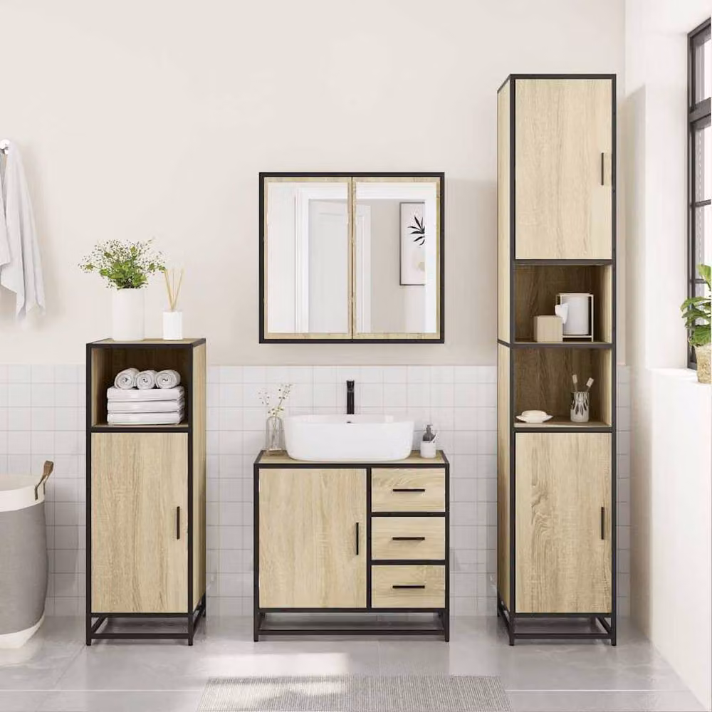 Berkfield Home 2 Piece Industrial Bathroom Furniture Set featuring Vanity Unit and Mirror Cabinet in Sonoma Oak and Beige – 3