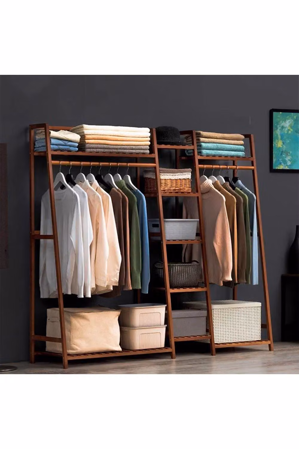 H&O Direct Bamboo Trapezoid Clothing Rack with Storage Shelves in Brown – 2