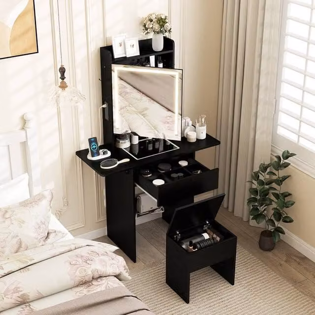 Costway Modern Black Dressing Table and Stool Set with Hollywood LED Lights and Charging Station