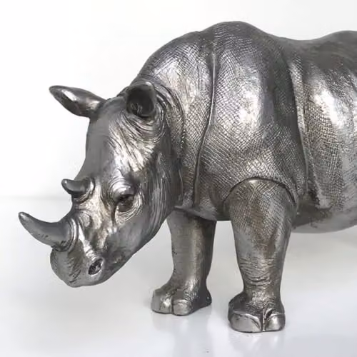 Animal Crackers Rhino Figurine in Silver Metal, Modern Tabletop Decor, Length: 26.5 cm – 3