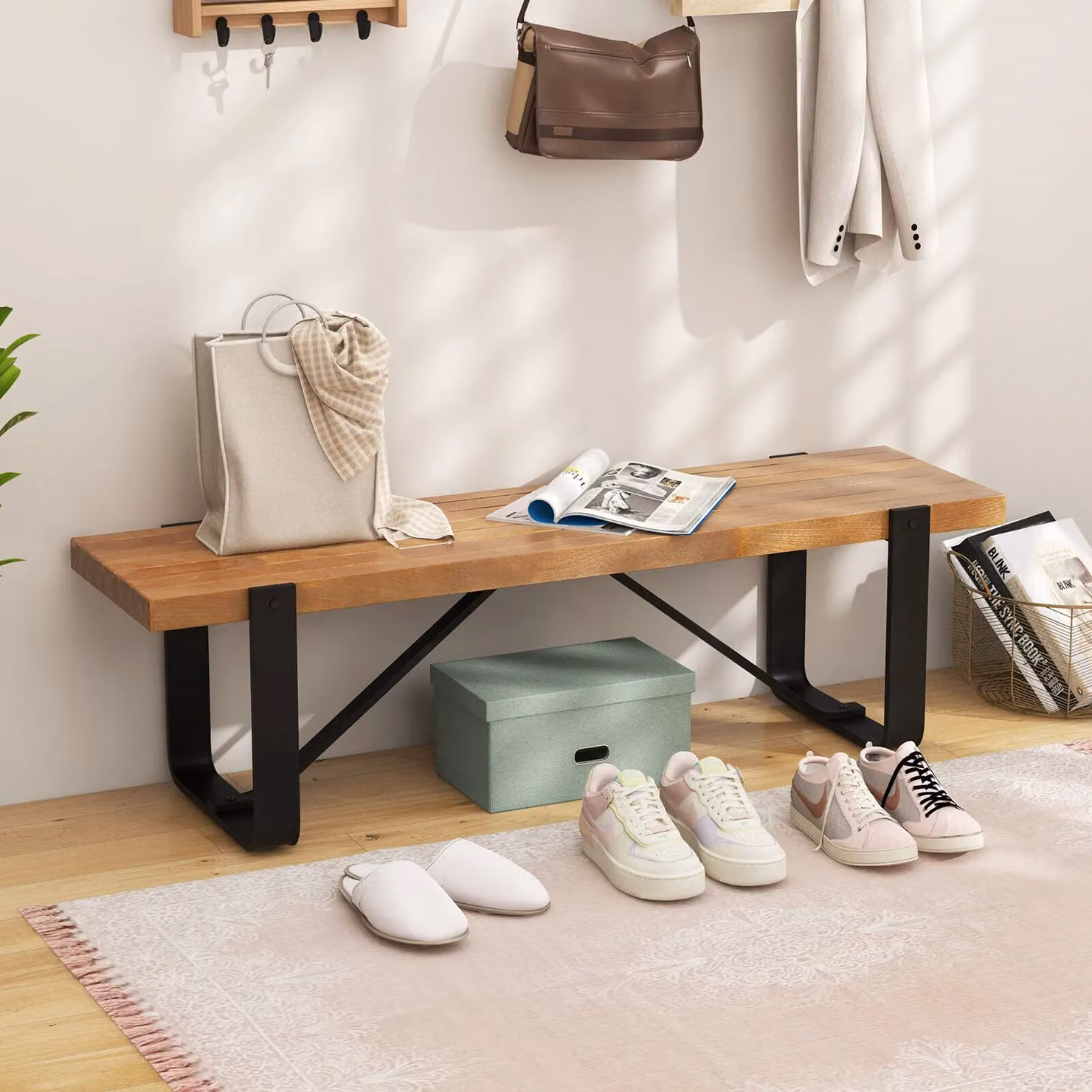 Costway Natural Wooden Entryway Bench and Shoe Rack for Hallway, Bedroom or Dining Room – 3