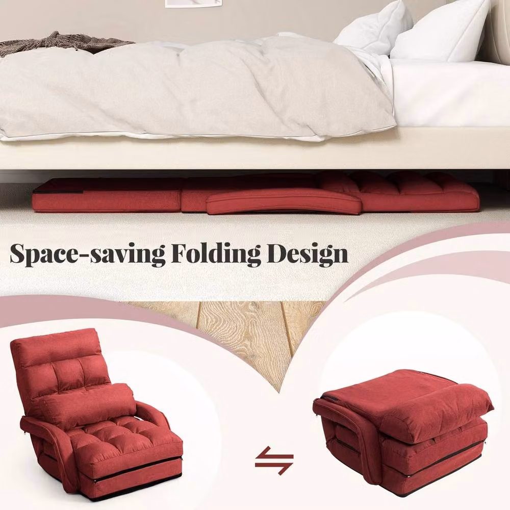 Havendro Red 6-Level Adjustable Folding Lazy Chaise Lounge Sofa Chair with Armrests and Metal Frame – 3