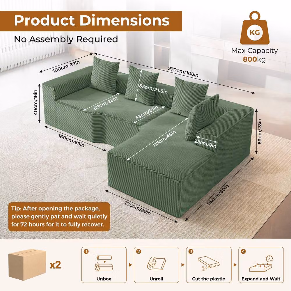 Dprodo Green Corduroy Right L-Shaped Modular Sofa with Scatter Cushions, Width: 320 cm – 4