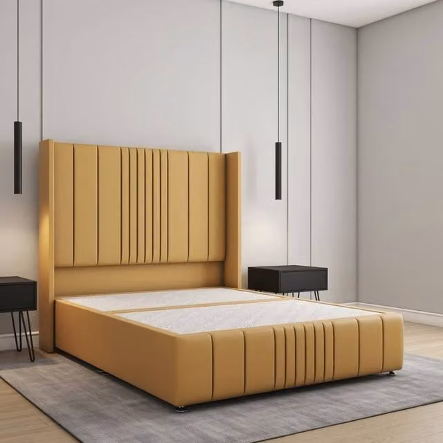 Regional Furnishings Mustard Yellow Velvet Upholstered King Size Divan Bed with 54 inch Headboard and 12 inch Footboard, W/D/H: 180 x 200 cm