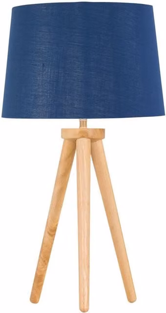 First Choice Lighting Voyage Light Oak Table Lamp with Blue and Silver Fabric Shade