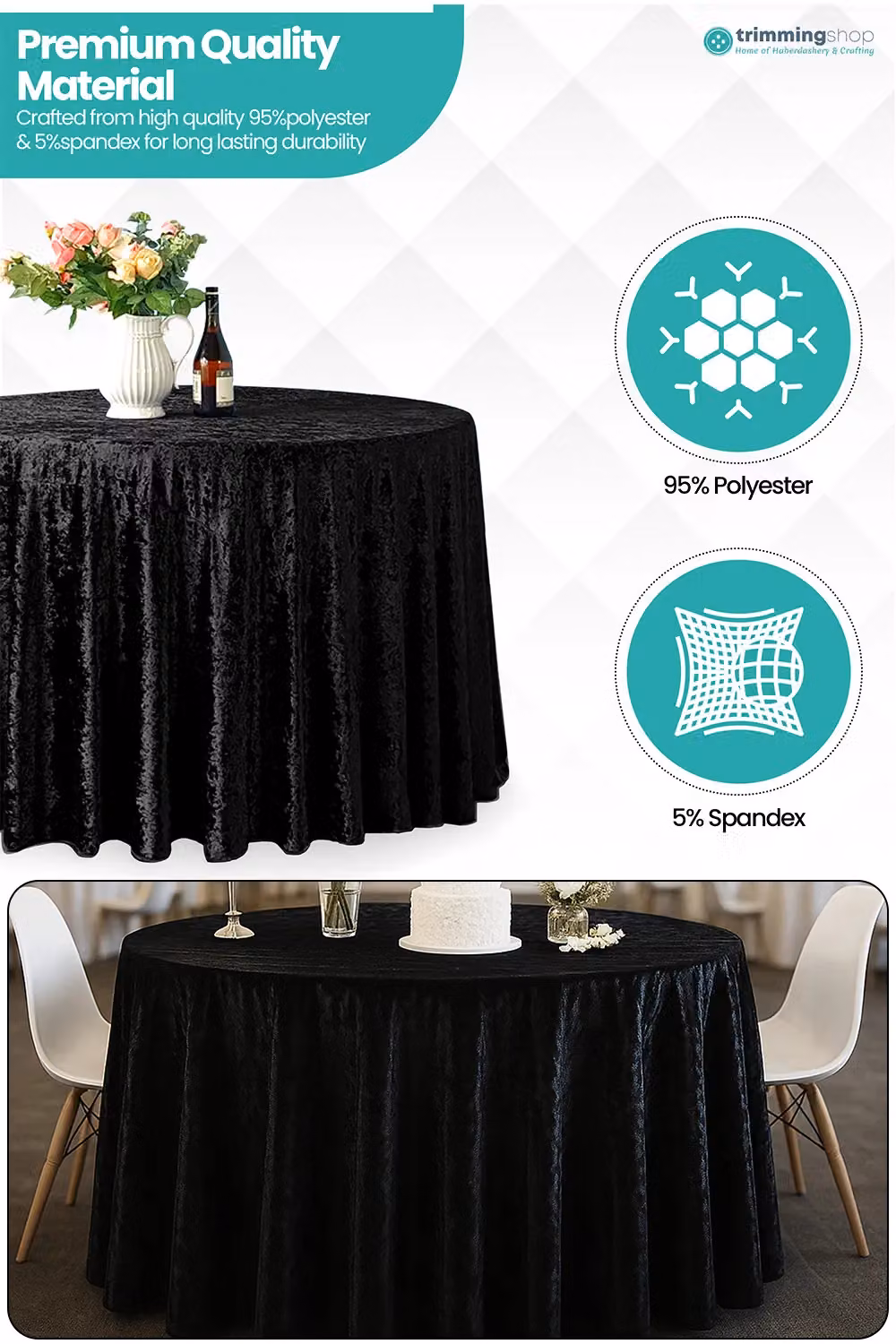 Neel Blue Diamond Black Velvet Round Tablecloth, Diameter: 228.6 cm – 3